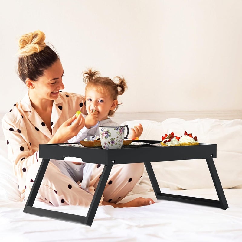 promitop 2 Pack Bed Tray Table with Foldable Legs, Bamboo Breakfast Tray for Sofa, Beds, Eating, Working, TV Table, Food, Dinner, Computer Trays, Laptop Desk Snack Folding Trays in Bed, Black - Image 2
